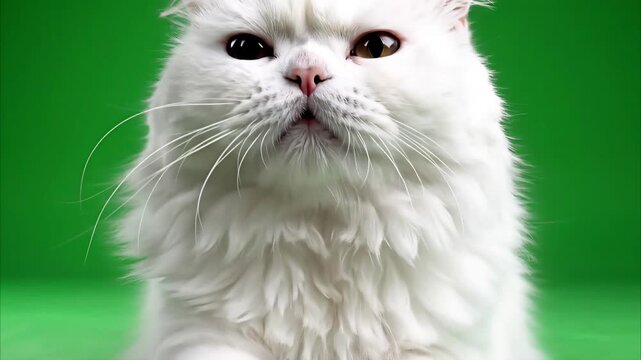 White cat with piercing eyes, isolated on vibrant green background, close-up portrait, studio shot 4K