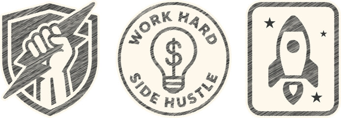 Side Hustle Emblems: Lightning Fist, Lightbulb Idea, Rocket Launch