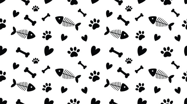 Seamless pet pattern vector with black icons of dog bones fish skeletons cat paws and hearts on white.