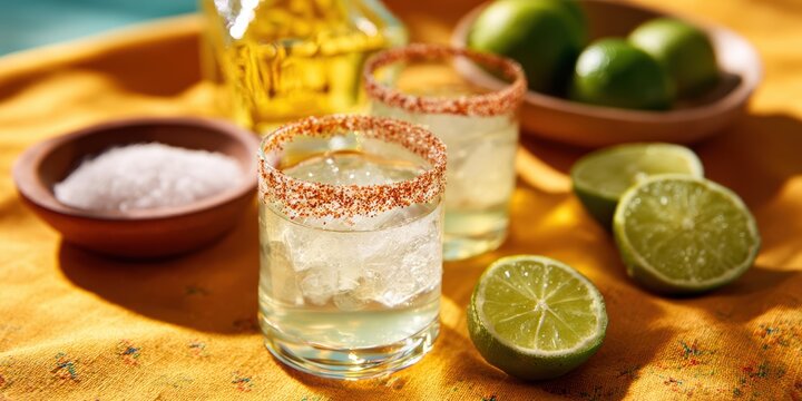 cinco de mayo party setup, a festive margarita setup with two glasses, tequila, lime, and orange liqueur on a colorful mexican oilcloth and clear labels shown