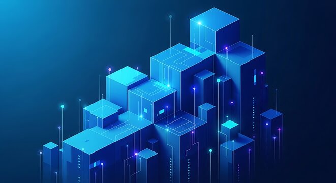 Modern Blue Digital Technology Network Showing Abstract Isometric Data Cubes for Future Innovation