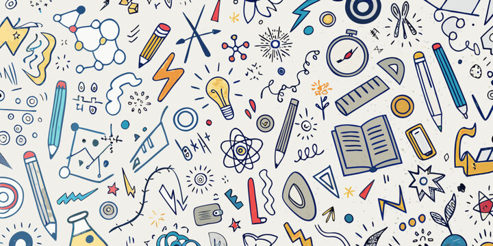 Colorful hand drawn doodles of school supplies and scientific symbols