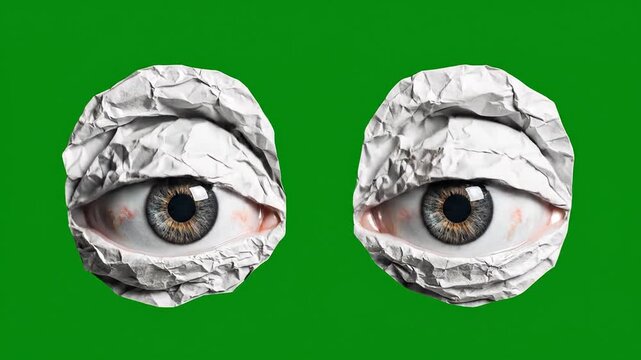 Two surreal eyeballs covered in crumpled aluminum foil against a vibrant green background representing paranoia conspiracy theories or a bizarre artistic concept.