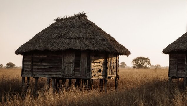 Rustic dwellings with thatched roofs in a dry field under warm, soft light