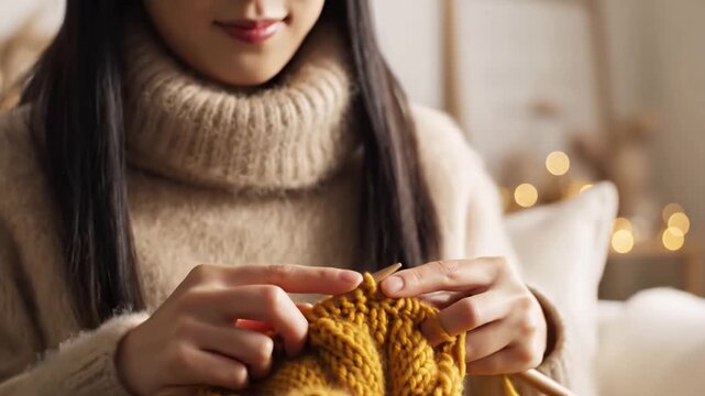 Closeup of a womans hands knitting a warm yellow scarf at home during winter.