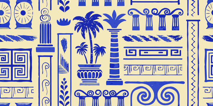 Blue and white repeating pattern of classical architectural elements