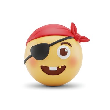 A yellow emoji face wearing a red bandana and black eye patch expresses a playful pirate character on a white background.