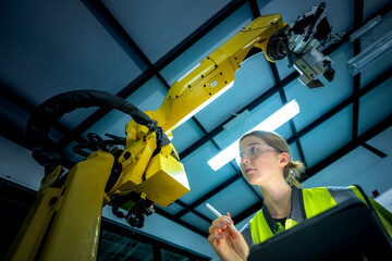 A robotics engineer uses a tablet to program a robot with a machine vision system, while her colleague calibrates the end-of-arm tooling on another unit in a system integration lab.