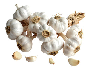 Fresh garlic bulbs tied together ready for culinary use and flavor enhancement.