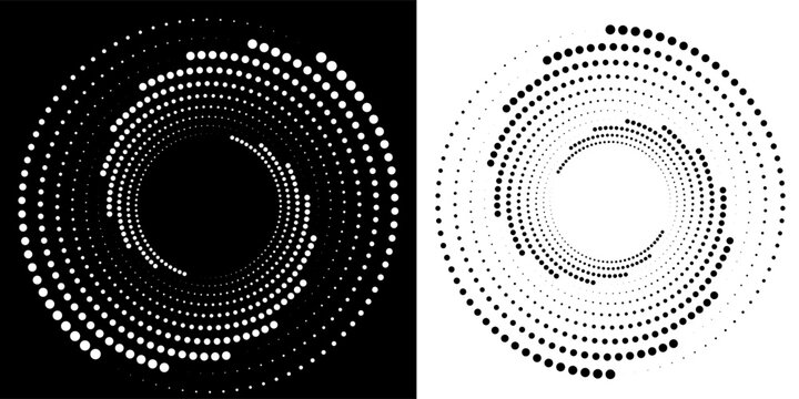 Spiral with lines in circle. 3 segments. Abstract geometric art line background, logo, icon, design element. A black figure on a white background and an equally white figure on the black side.