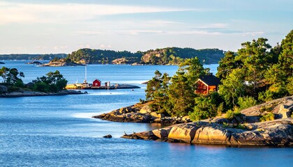 Fototapeta premium Scenic shot of a coastline featuring islands with vibrant green trees and small red cabins bathed in soft golden sunlight reflecting on the water