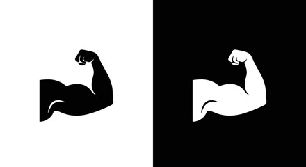 Flexed Biceps Muscle Icon Set in Black and White, Minimal Strength Power Symbol on Square Background