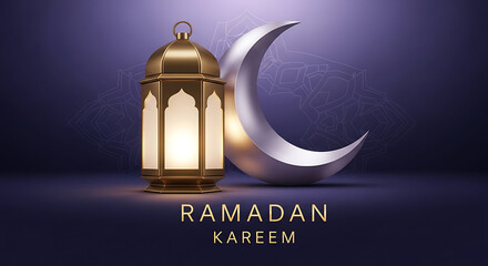 Ramadan Kareem greeting card with lantern and crescent moon.