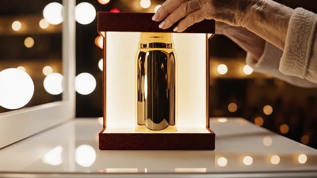 An elderly woman's hand gently touches a decorative box. The box features a shiny object inside, illuminated by soft lights in the background.