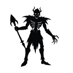 Undead warrior with spear, monster character with sharp claws and horned helmet vector art