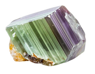 Colorful Tourmaline Crystal Specimen with Striking Green and Purple Hues.