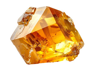 Golden crystal gemstone isolated on white background close-up view.