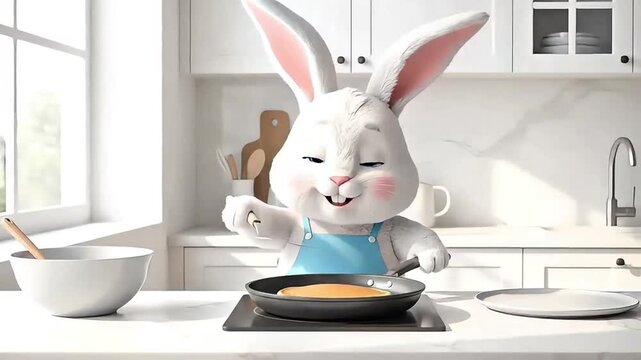 A cartoon rabbit enjoys cooking in a modern kitchen surrounded by culinary tools and kitchenware with a warm sunny ambiance