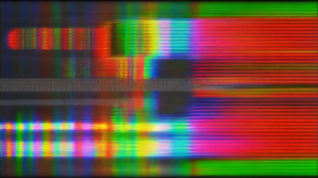 Abstract digital noise background showing video signal defects and interference, with colorful static resembling a vintage television screen malfunction