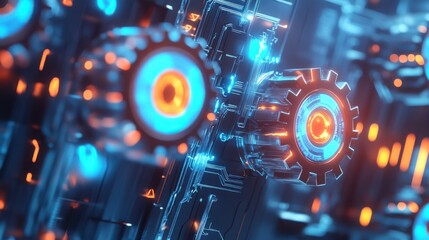 Obraz premium Futuristic mechanical gears and circuitry in a digital landscape setting
