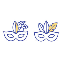 Obraz premium Two white carnival masks with colorful feathers on top for party and celebration