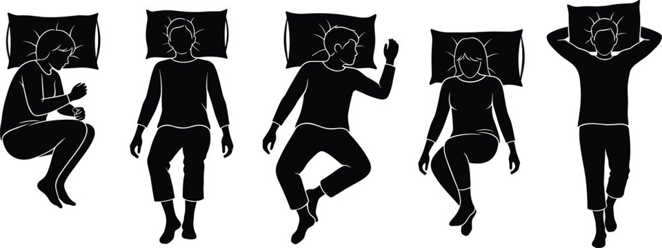 Black and white sleeping positions vector set showing male and female silhouettes lying on pillows isolated on a white background.