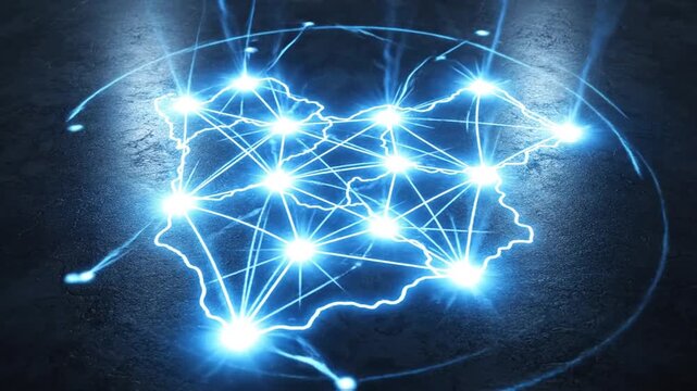 Glowing neon map outline on dark textured background