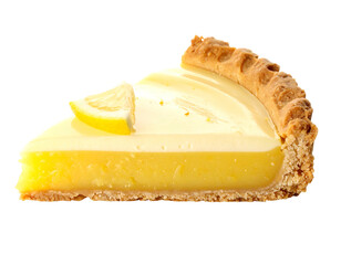 Delicious slice of lemon tart with a decorative lemon garnish on top.