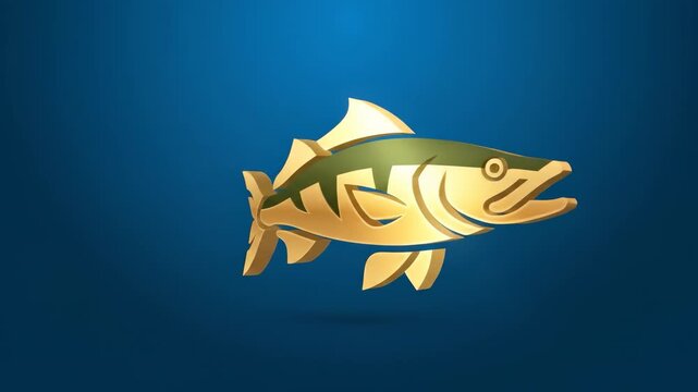 a stylized fish design against a blue background. The fish features golden details and a green stripe, emphasizing its sleek shape.