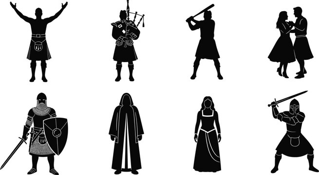 Black Scottish highlander medieval knight silhouette set, traditional bagpiper vector collection, historical warrior graphic design outline elements, dancing couple