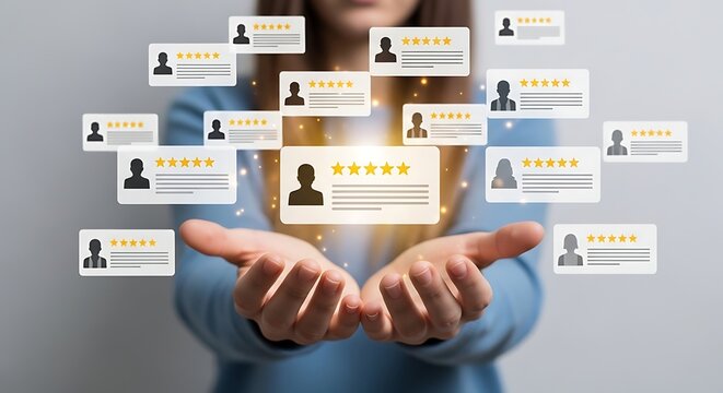 Person holding out hands with floating digital review cards featuring star ratings and silhouetted user profiles
