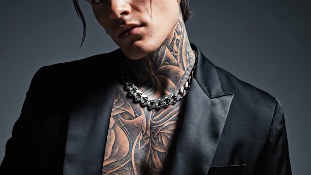 A man poses confidently, showcasing intricate tattoos on his chest. The man wears a black suit jacket and a heavy chain around his neck, creating a striking image.