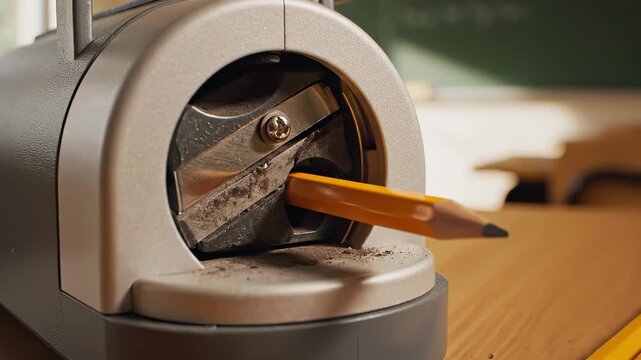 A pencil sharpener sits on a wooden table, with sharpened pencil shavings scattered around. The pencil sharpener has a pencil inserted, implying recent use of the pencil sharpener.
