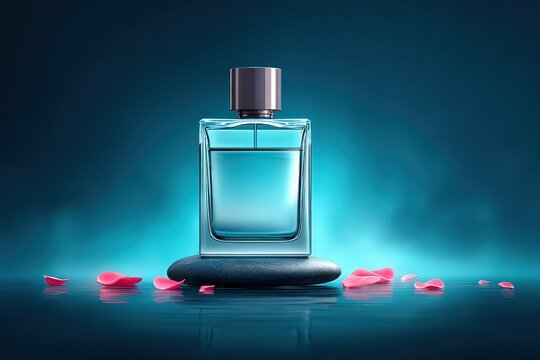Elegant Blue Perfume Bottle on Black Stone with Pink Rose Petals in Soft Focus