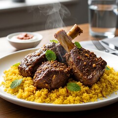 Tender lamb shanks braised in a rich sauce with aromatic spices and fresh mint, served atop fluffy couscous.