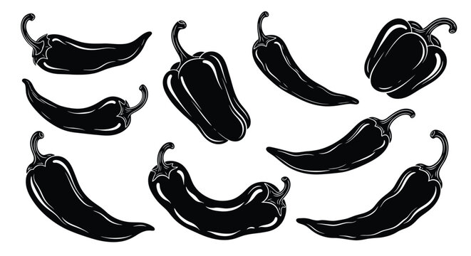 A collection of black chili peppers in various curved arrangements