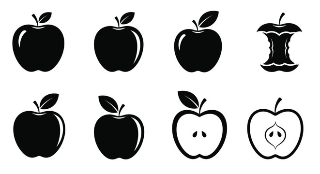 Black and white illustration of whole halved and cored apples with core remnant
