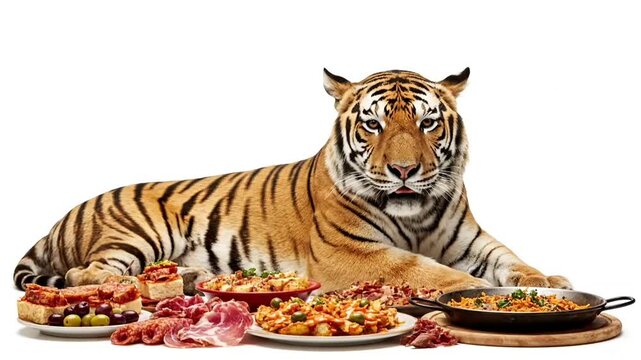 Tiger resting among an assortment of various delicious human dishes