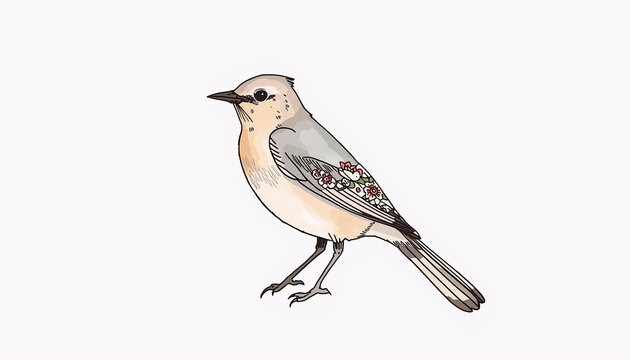 Hand-drawn minimalist bird illustration with floral wing pattern isolated on white