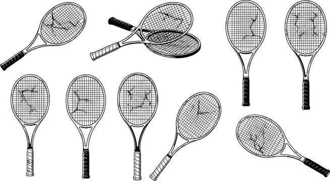 Hand drawn broken tennis racket vector set showing damaged strings and cracked sporting equipment isolated on a plain white background.