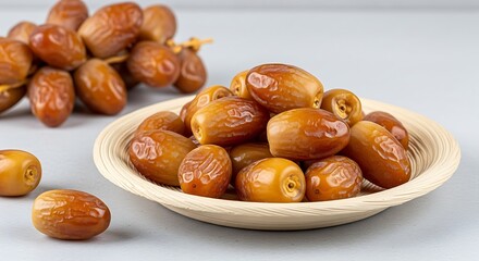 Fresh, ripe dates piled on a simple plate, with a bunch of dates in the background, showcasing the delicious and healthy fruit.