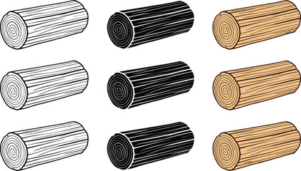 Wood log set vector illustration, tree trunk timber collection in outline, black and colored styles isolated on light background © Aiub