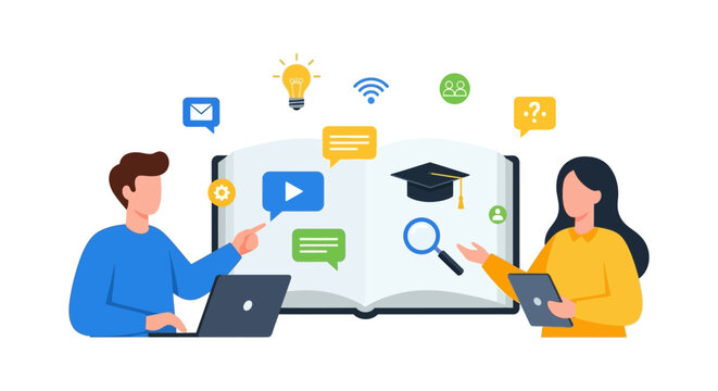 Online Education and E-Learning Concept: Digital Students Accessing Virtual Courses, Knowledge Base, and Academic Consultations through Technology.