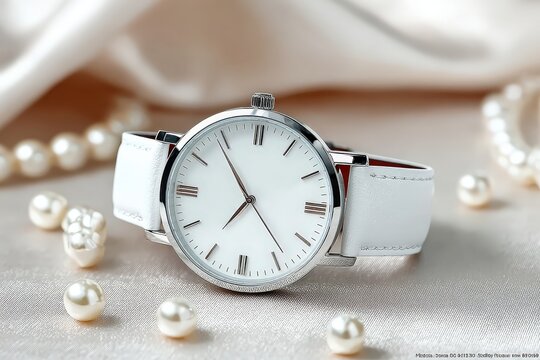 Elegant White Wristwatch with Pearl Accents on Soft Satin Fabric