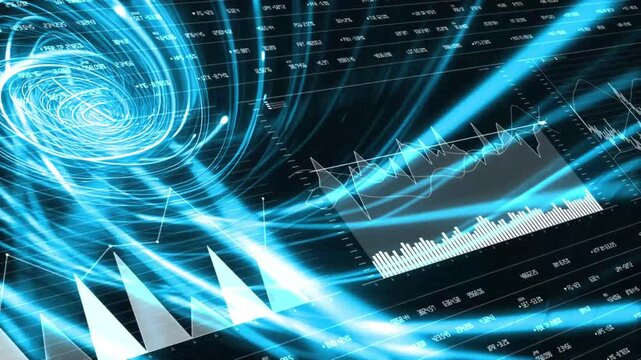 Abstract blue light trails and data streams swirling around financial graphs, representing fast-paced digital transformation and innovation. animation