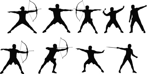 Archery sport and weapon training silhouette vector illustration set, with people shooting bows and practicing stances © Polash Contributor