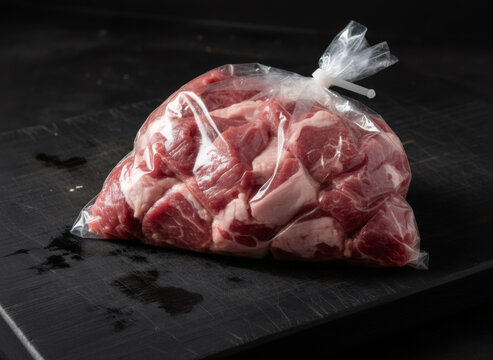 Plastic bag full of fresh raw cut meat pieces for cooking. Uncooked pork or beef for meal preparation. Grocery shopping concept for food ingredients.