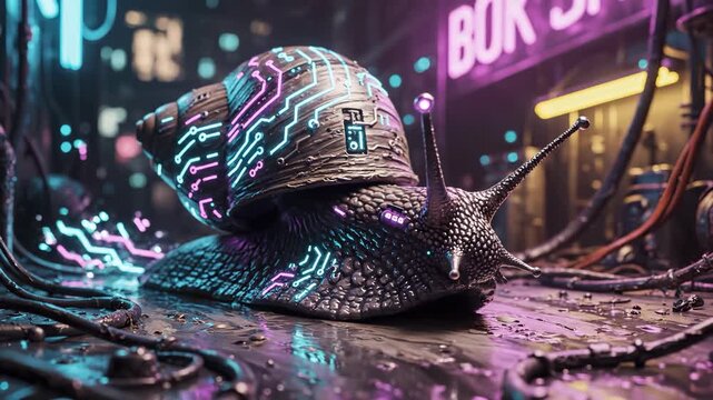 A large snail with a cybernetic shell crawls on a futuristic street. The street is illuminated with neon lights, reflecting the tech-inspired setting of the city.