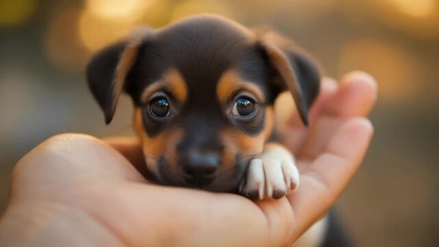 A tiny puppy held in a gentle human hand, showcasing trust and companionship in this heartwarming moment