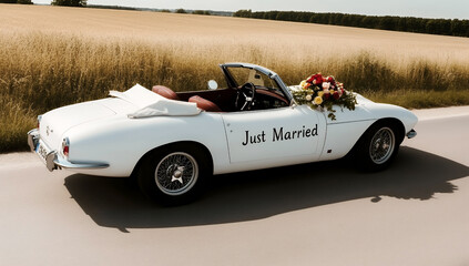 A white classic convertible car decorated with flowers, reads 'Just Married,' drives down a country road